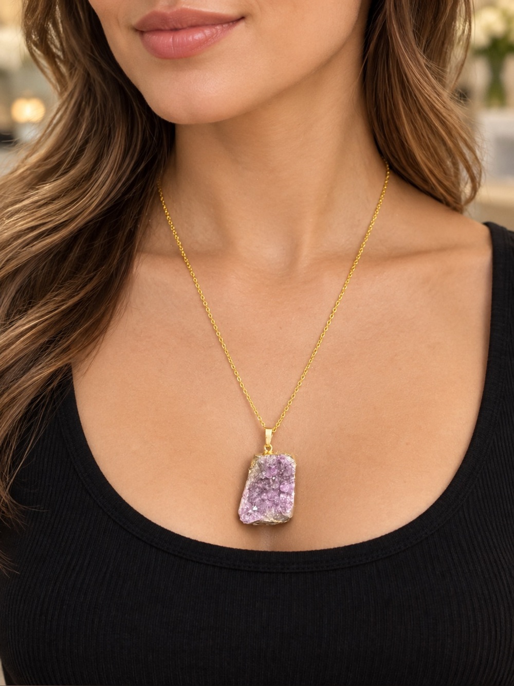 Gold-Plated Amethyst Druzy Pendant Necklace - Purple